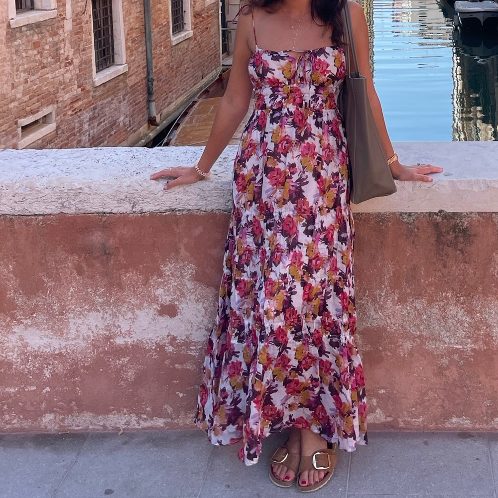 NICHOLAS Red and Pink Smocked linen Maxi Sundress